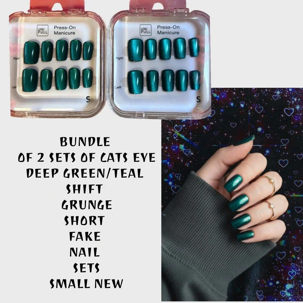 BUNDLE OF 2 SETS‎ OF DEEP TEAL GREEN CATS EYE HANDMADE PRESS ON NAILS SMALL NEW